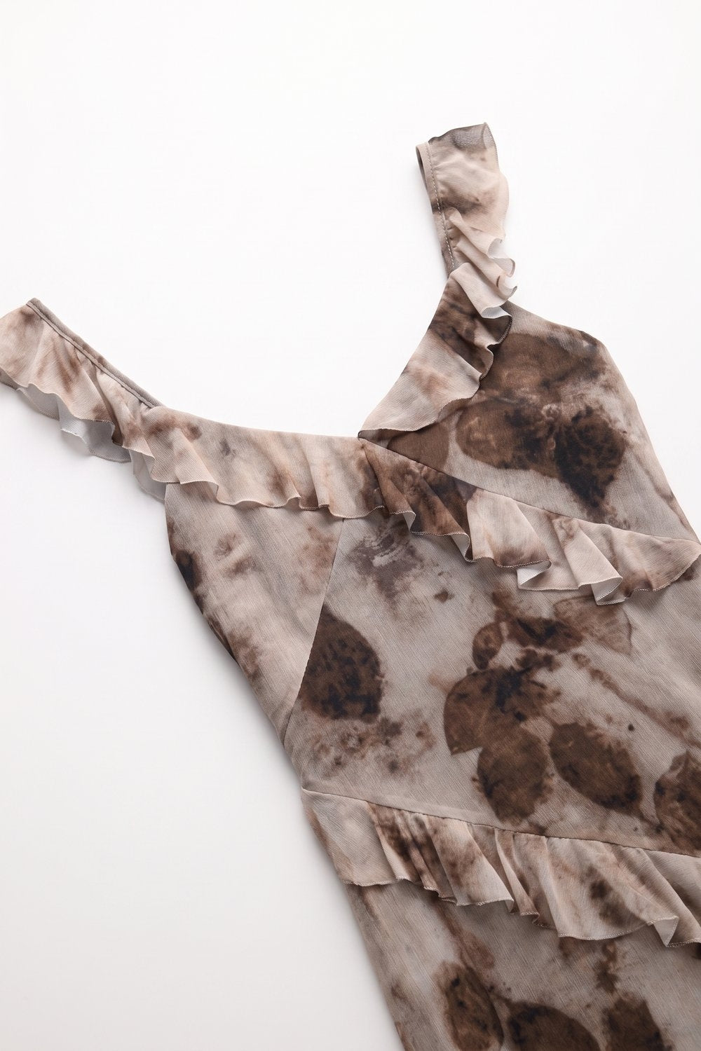 Vestido Longo Bege Abstrato Floral Chiffon com Babados no Decote em V