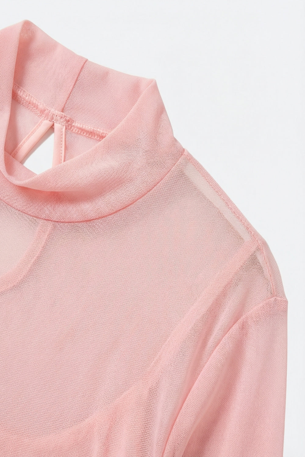 Body de manga comprida em malha transparente cor-de-rosa com gola redonda