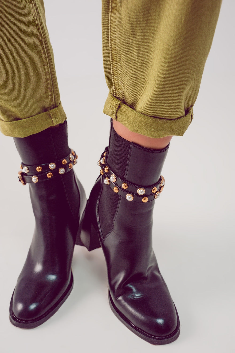 Calças de ganga de ascensão média de algodão em lima verde