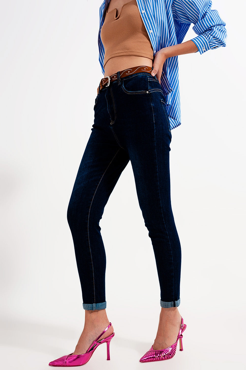 Calças de ganga skinny de lavagem azul escuro com ajuste skinny
