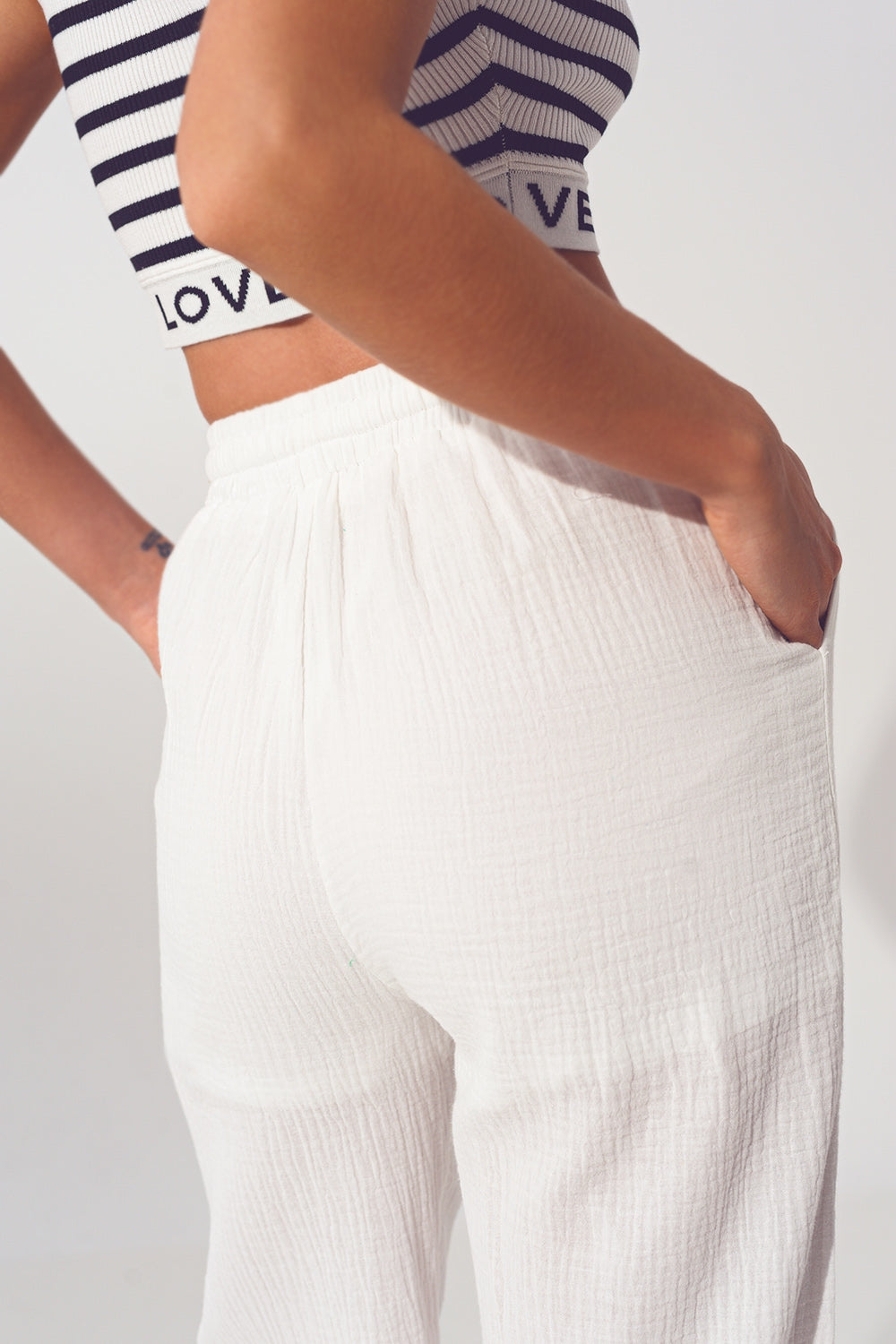 Calças de Perna Larga Texturizadas em Branco