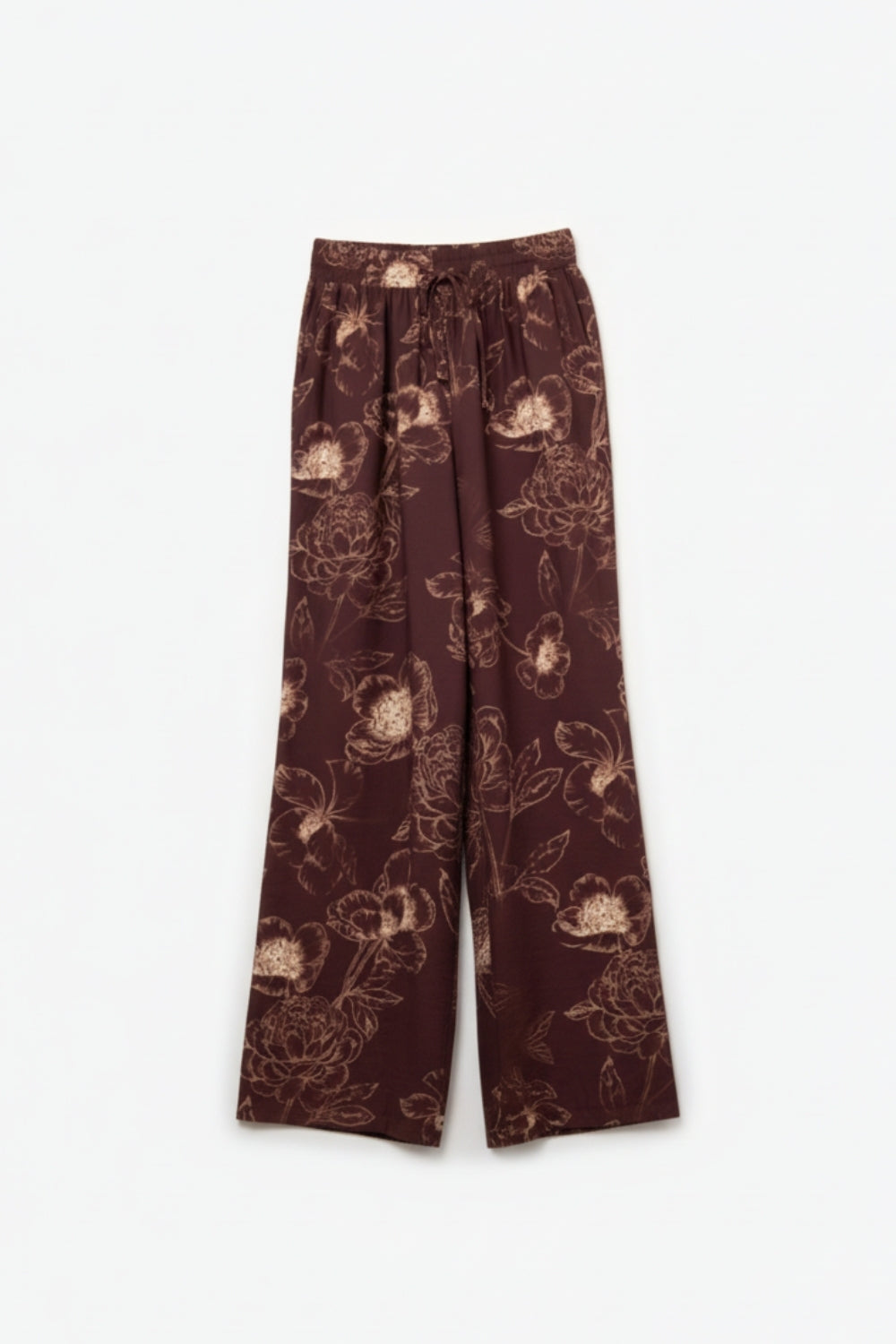 Cal�as fluidas leves borgonha com estampado floral outonal