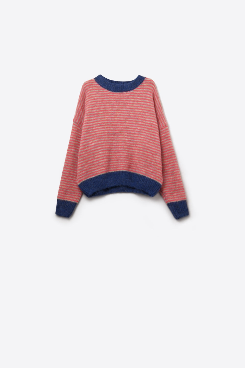 Camisola de malha às riscas vibrantes com pormenores em azul-marinho