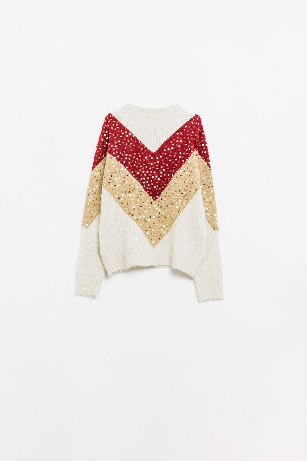 camisola de malha com blocos de cores bordeaux e bege e adorno de lantejoulas