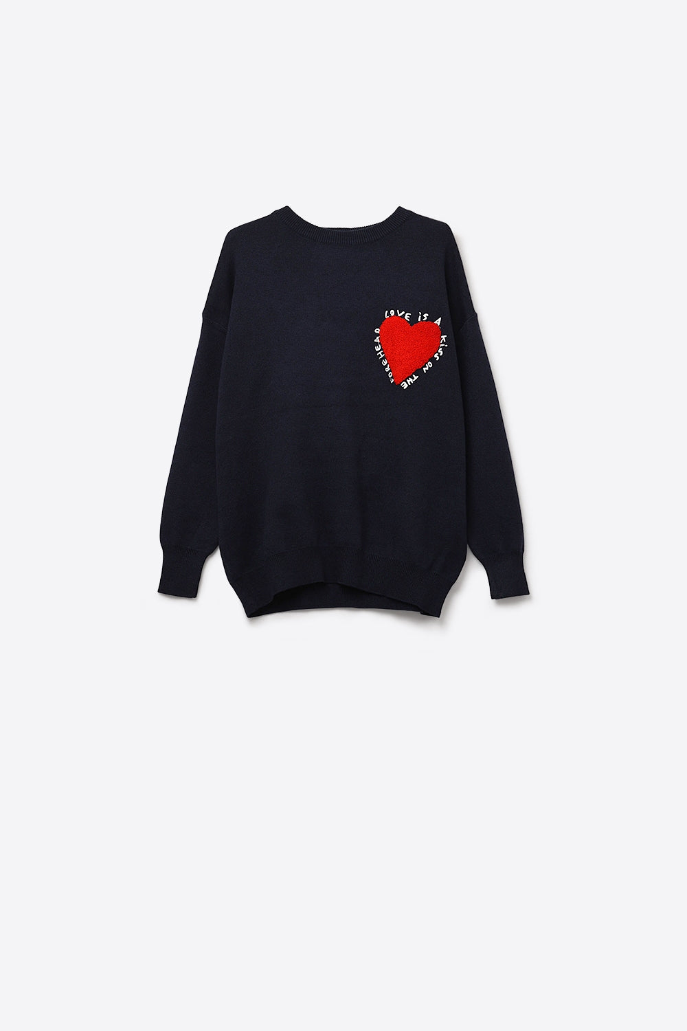 Camisola de malha com coração bordado e texto em azul-marinho