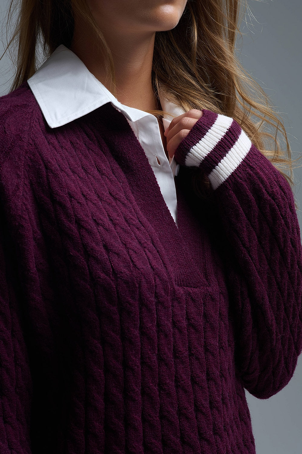 Camisola de malha com decote em V para jovens da Borgonha
