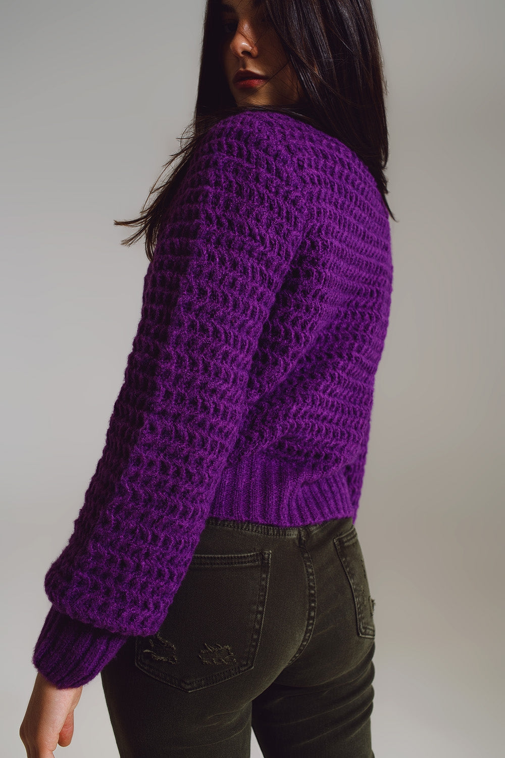 Camisola Relaxada de Malha em Waffle com Gola Alta em Roxo