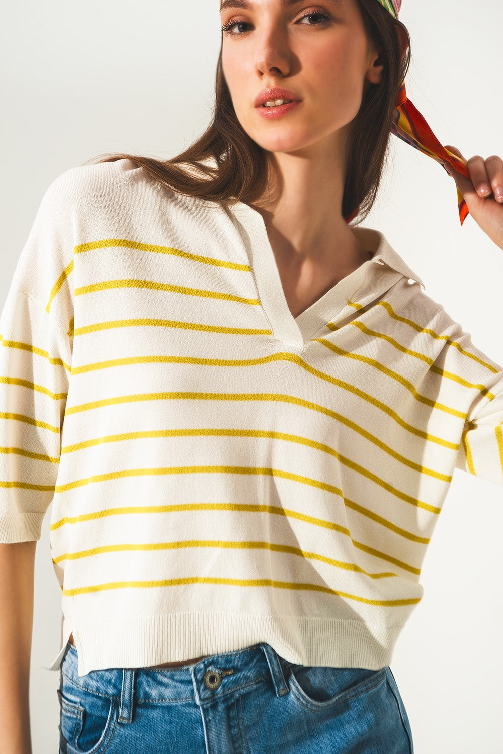 Camisola verde com pescoço de polo listrado modelo Vintage 70s