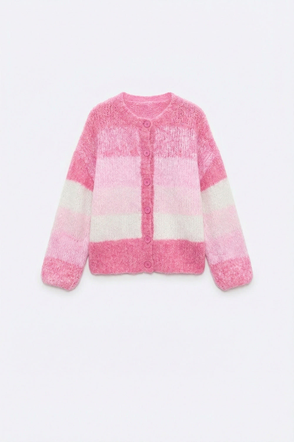 Casaco de malha grisalha cor-de-rosa com textura suave e botões à frente