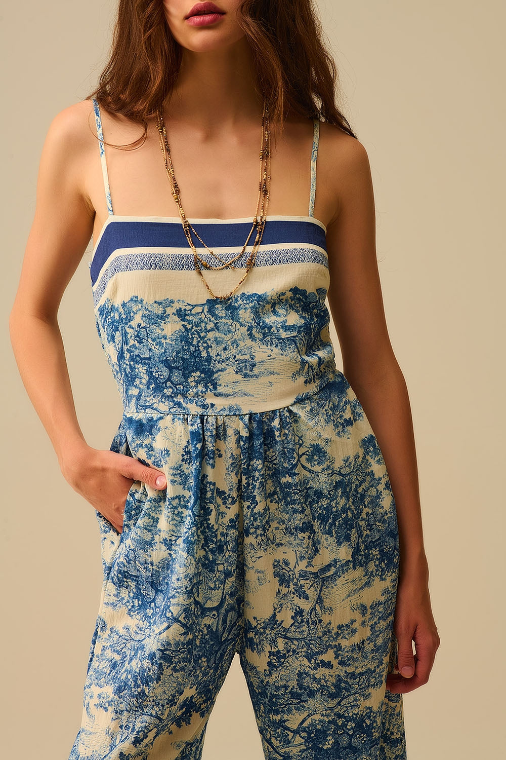 Macacão com estampado Toile de Jouy e alças finas