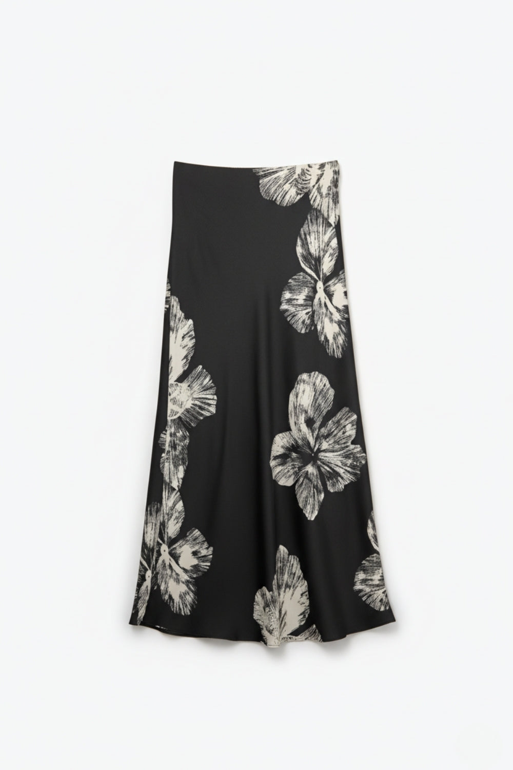 Saia Midi de cetim floral preta em cetim