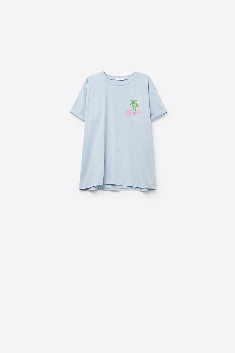 T-shirt azul fabricada em Itália com gráfico de Honolulu