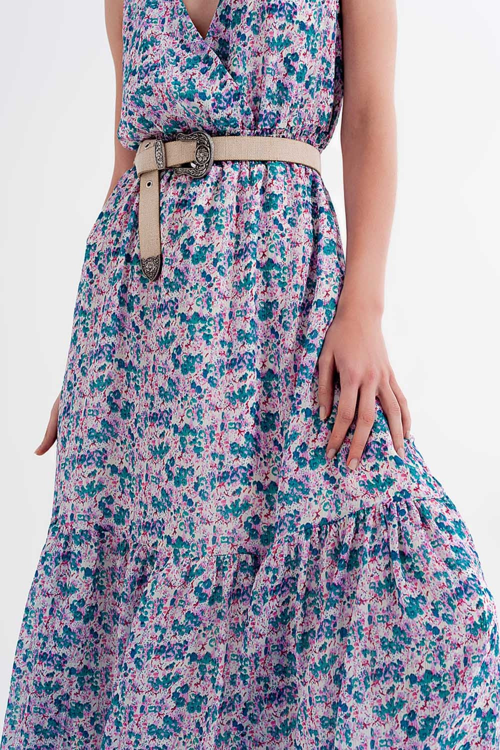 Vestido comprido sem mangas com estampa floral verde