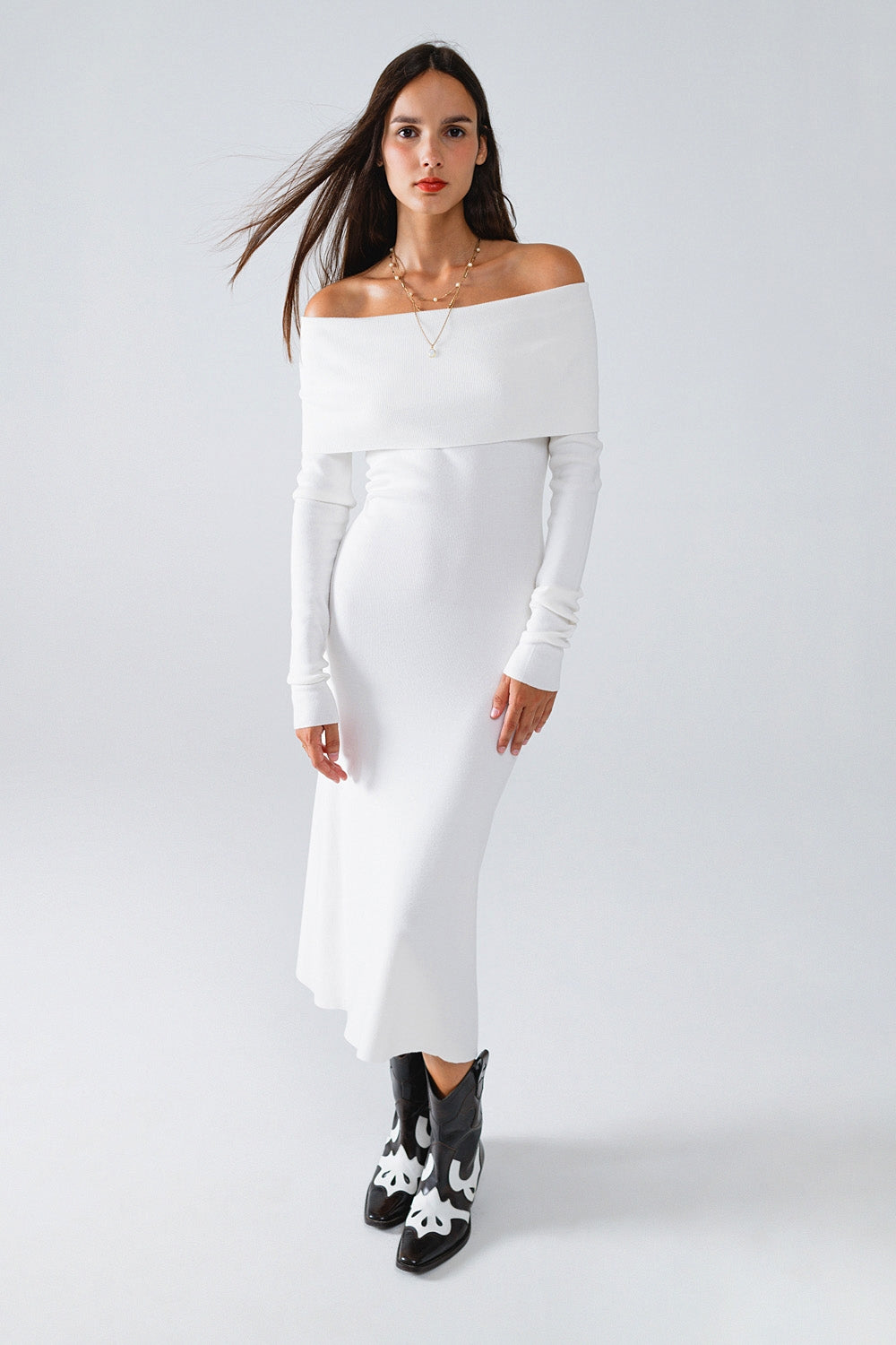 Vestido maxi tricotado com foldover Badot em branco