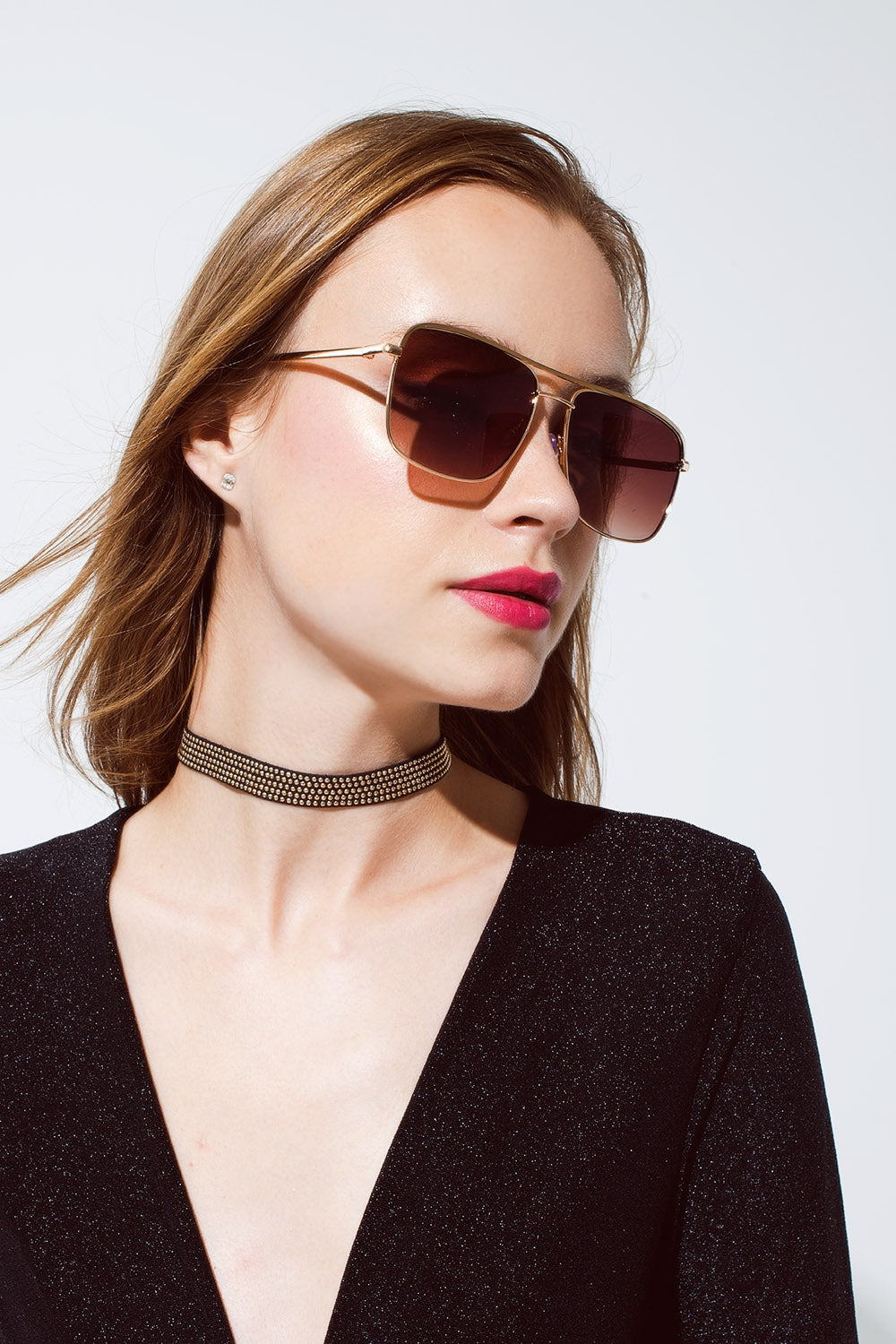 Body brilhante de manga comprida em preto