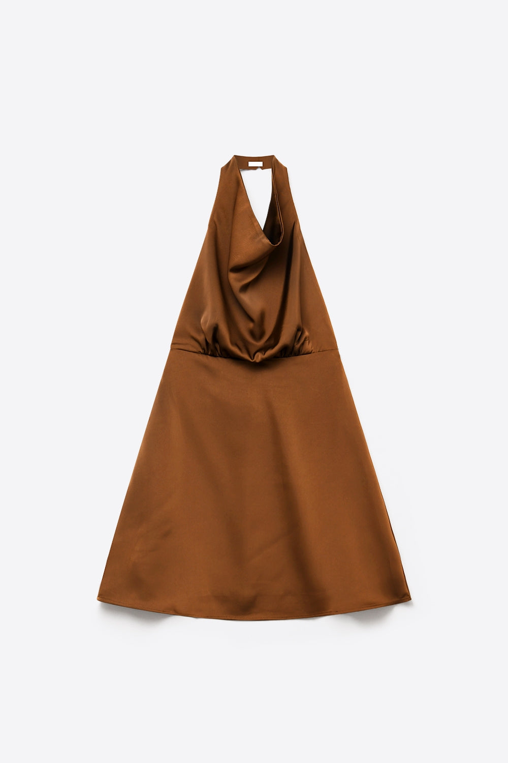 Vestido mini de cetim marrom com decote drapeado gola halter linha A e costas abertas
