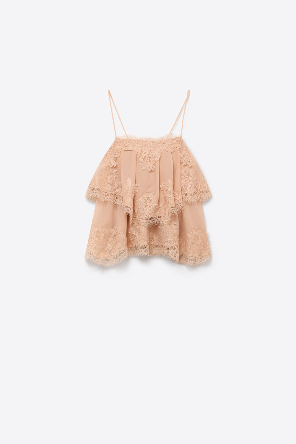Blusa Cami com Inserção de Renda Bege e Camadas de Babados em Chiffon com Caimento Solto