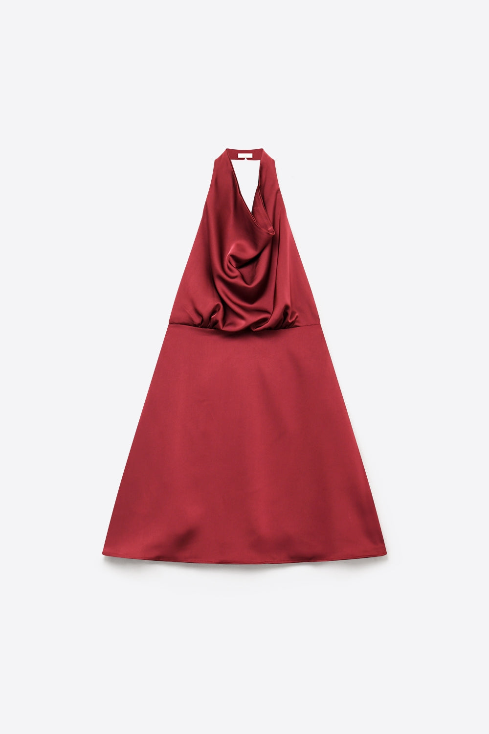Vestido Mini A-Line com Decote Cowl de Cetim Burgundy com Decote Halter e Costas Abertas