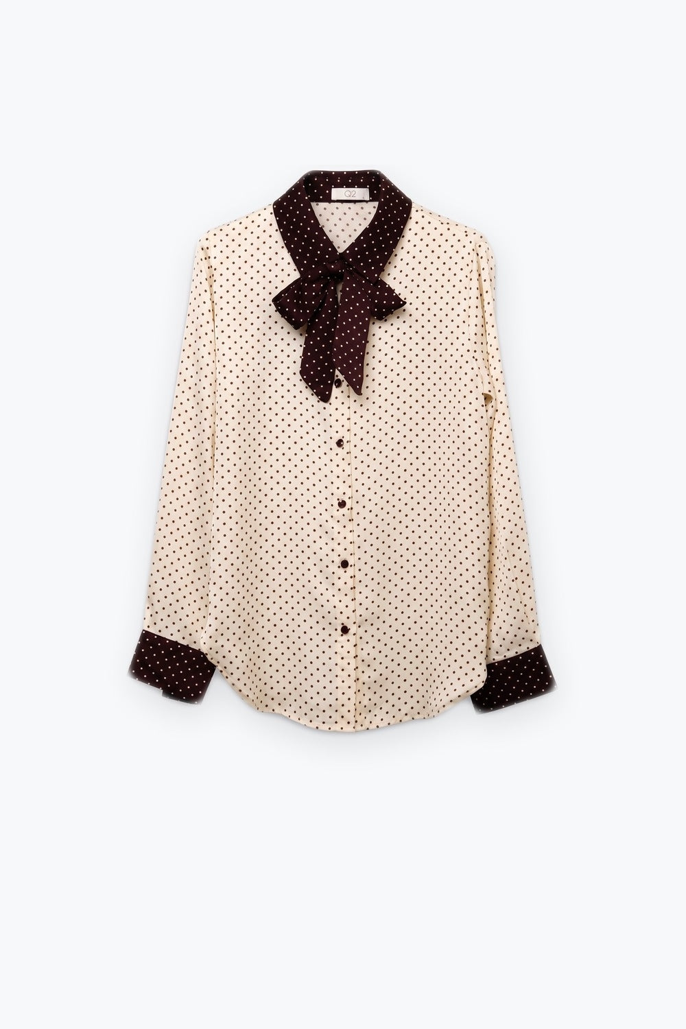 Blusa de Manga Longa com Estampa de Poá Creme e Laço de Contraste Burgundy