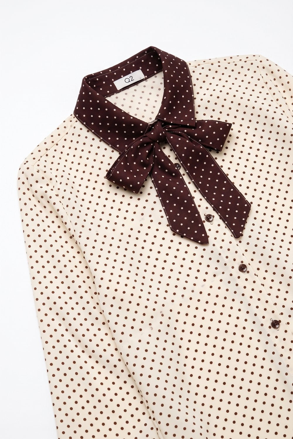 Blusa de Manga Longa com Estampa de Poá Creme e Laço de Contraste Burgundy