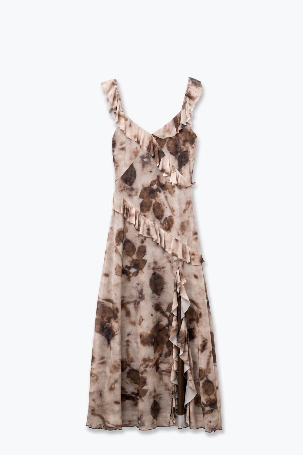 Vestido Longo Bege Abstrato Floral Chiffon com Babados no Decote em V