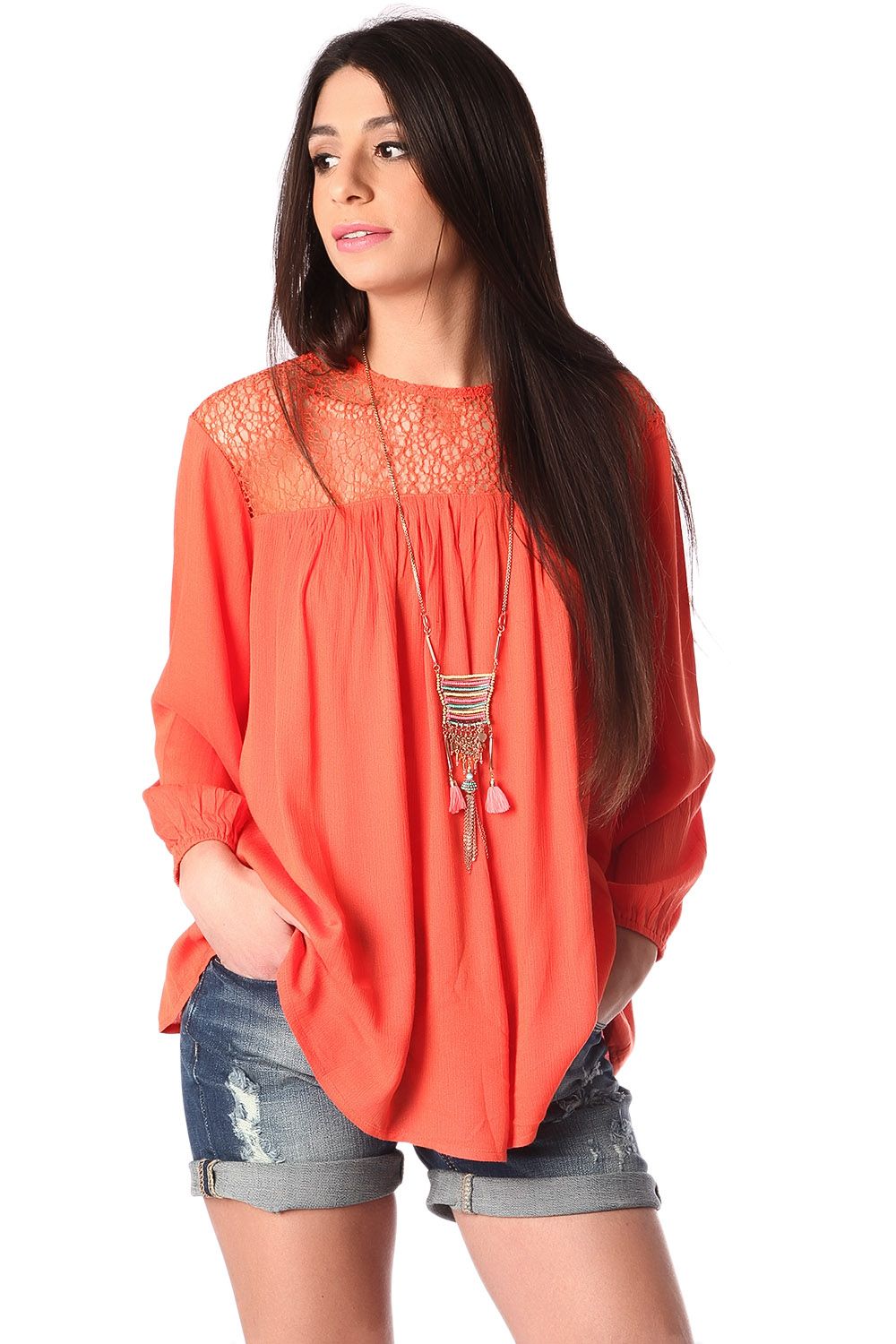 Q2 Ampla blusa com laranja detalhe da grade