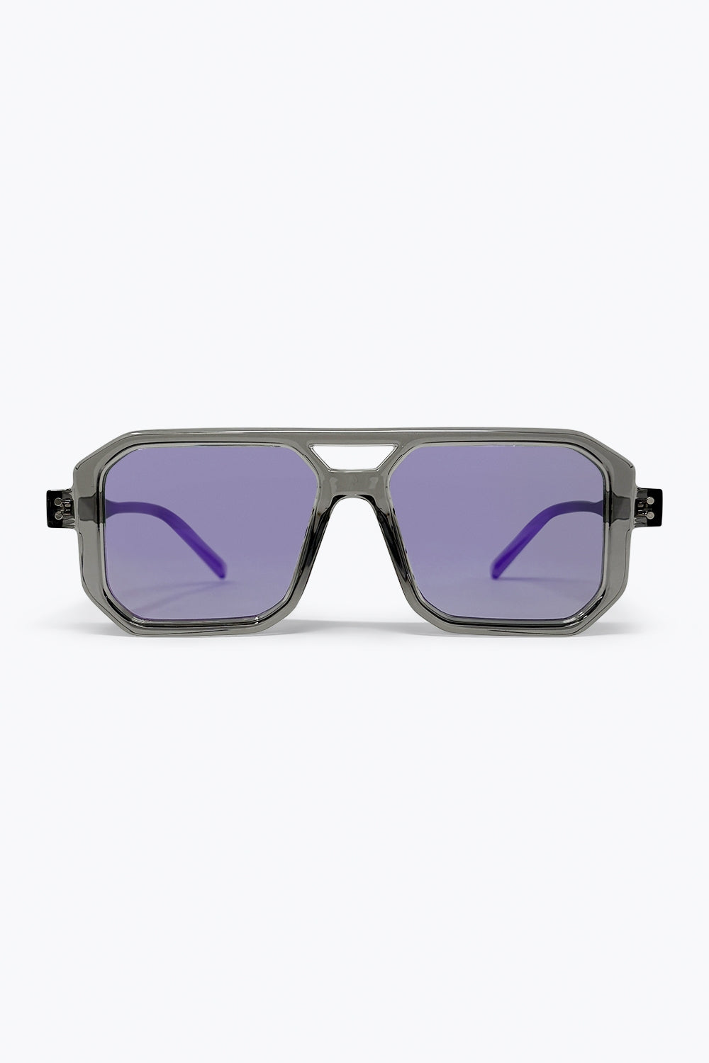 Q2 Armação Transparente Cinza Lentes Roxas Geométricas Oversize Óculos de Sol