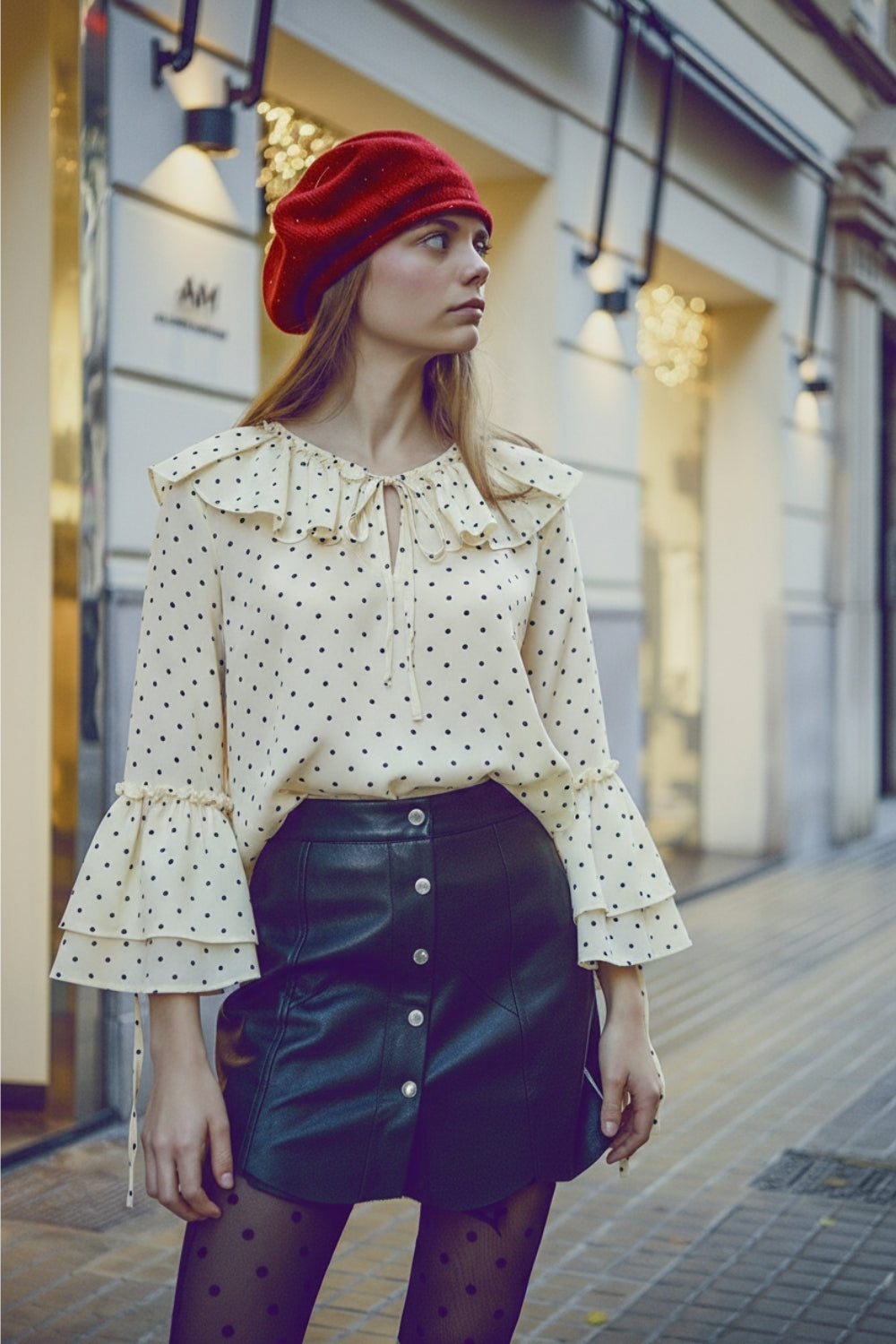 Q2 Blusa às bolinhas com folhos e mangas largas