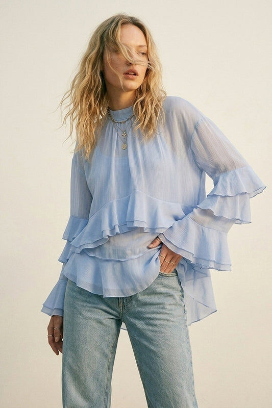 Q2 Blusa Assimétrica com Babados em Camadas de Chiffon em Azul Claro