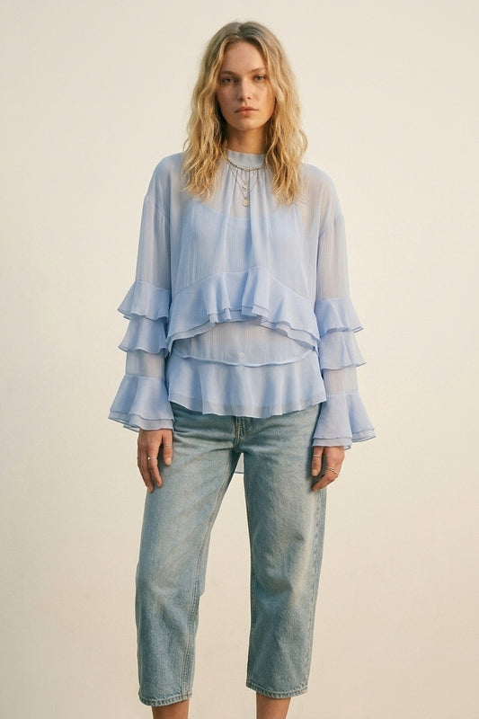 Blusa Assimétrica com Babados em Camadas de Chiffon em Azul Claro