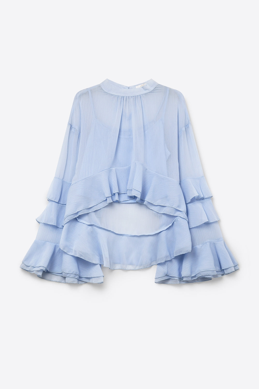 Blusa Assimétrica com Babados em Camadas de Chiffon em Azul Claro