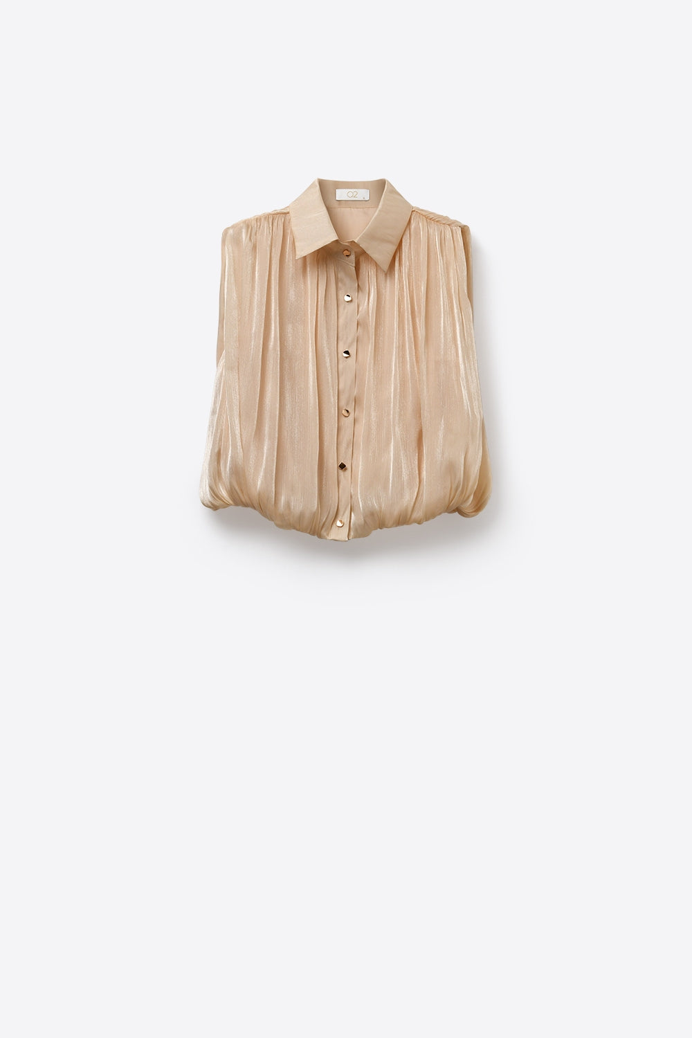 Blusa Bege com Bainha Franzida e Botões Dourados