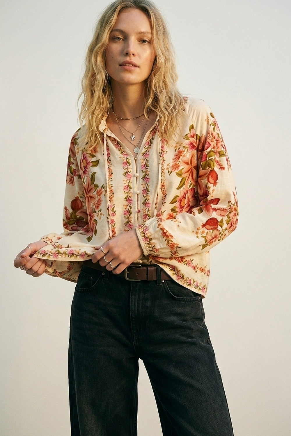Q2 Blusa Boho com estampado floral em creme e gola com cordão