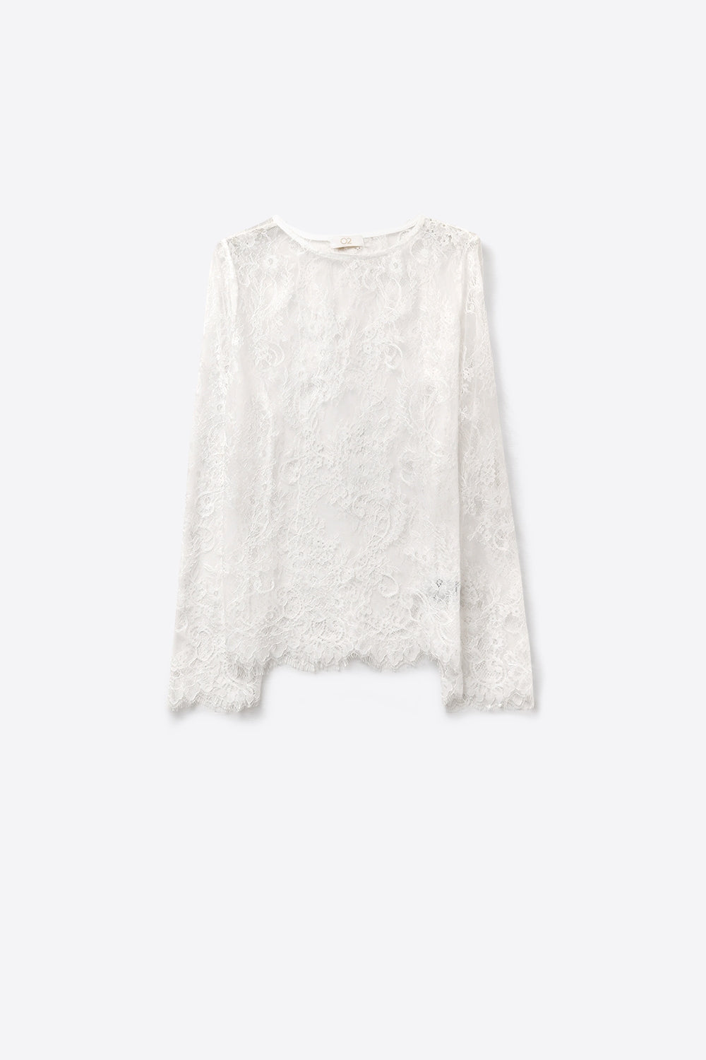 Blusa Branca de Renda com Mangas Compridas e Detalhe Floral