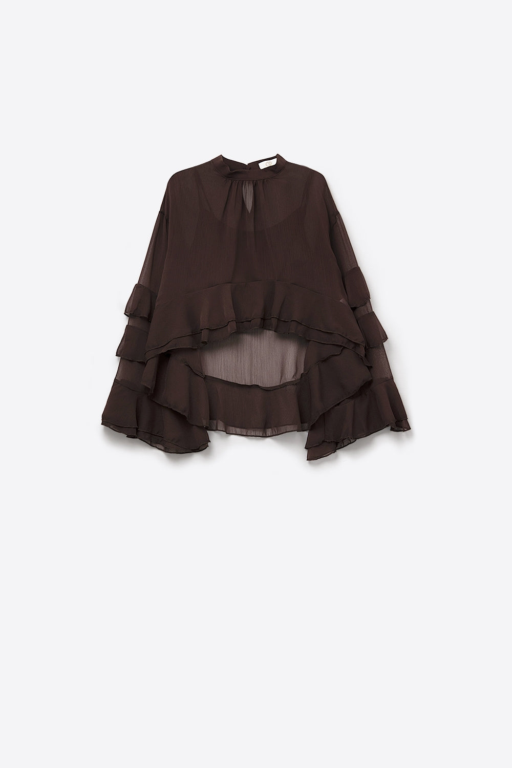 Blusa castanha em chiffon com folhos estilo capa transparente