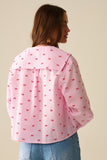 Blusa com Gola Peter Pan em Gingham Rosa com Estampa de Laço