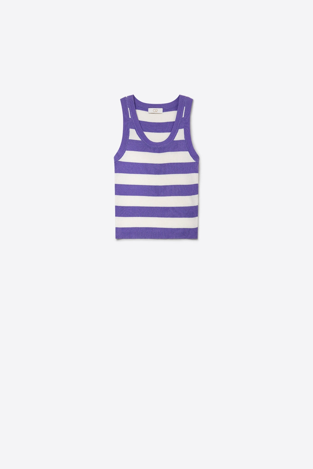 Q2 Blusa Cropped de Tricô Canelado com Listras Lilás e Decote Redondo