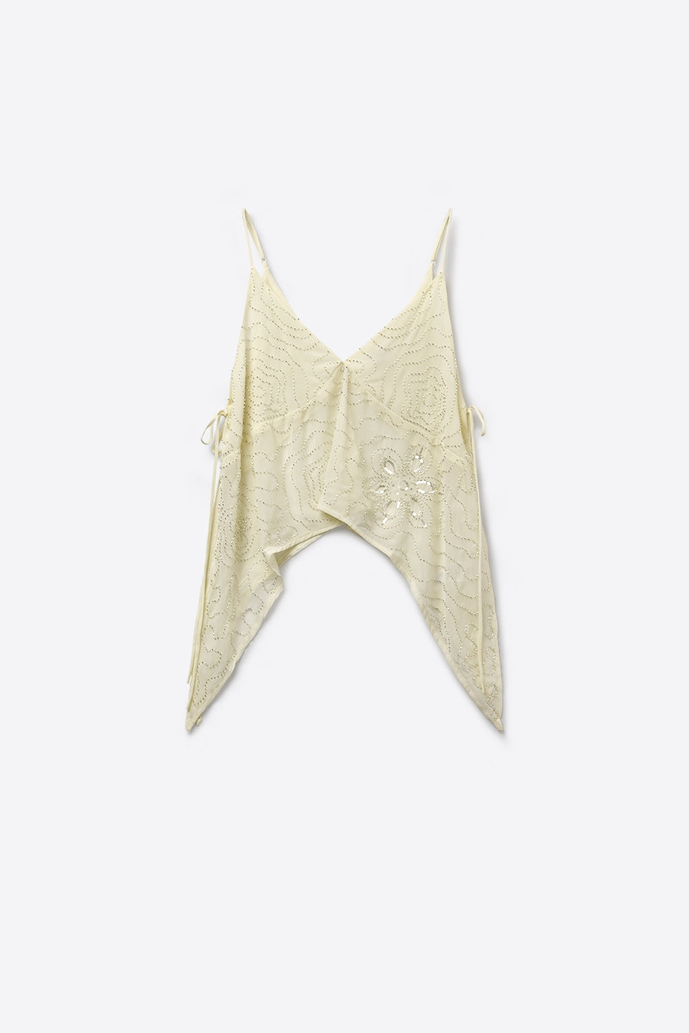 Blusa de Chiffon Creme com Barra Assimétrica e Apliques de Miçangas