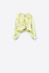 blusa de chiffon estampada verde com mangas bufantes