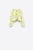 blusa de chiffon estampada verde com mangas bufantes