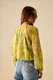 blusa de chiffon estampada verde com mangas bufantes