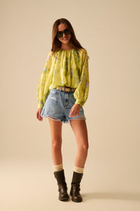 blusa de chiffon estampada verde com mangas bufantes