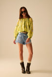 blusa de chiffon estampada verde com mangas bufantes