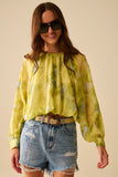Q2 blusa de chiffon estampada verde com mangas bufantes
