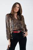 Q2 blusa de chiffon marrom com estampa de oncinha