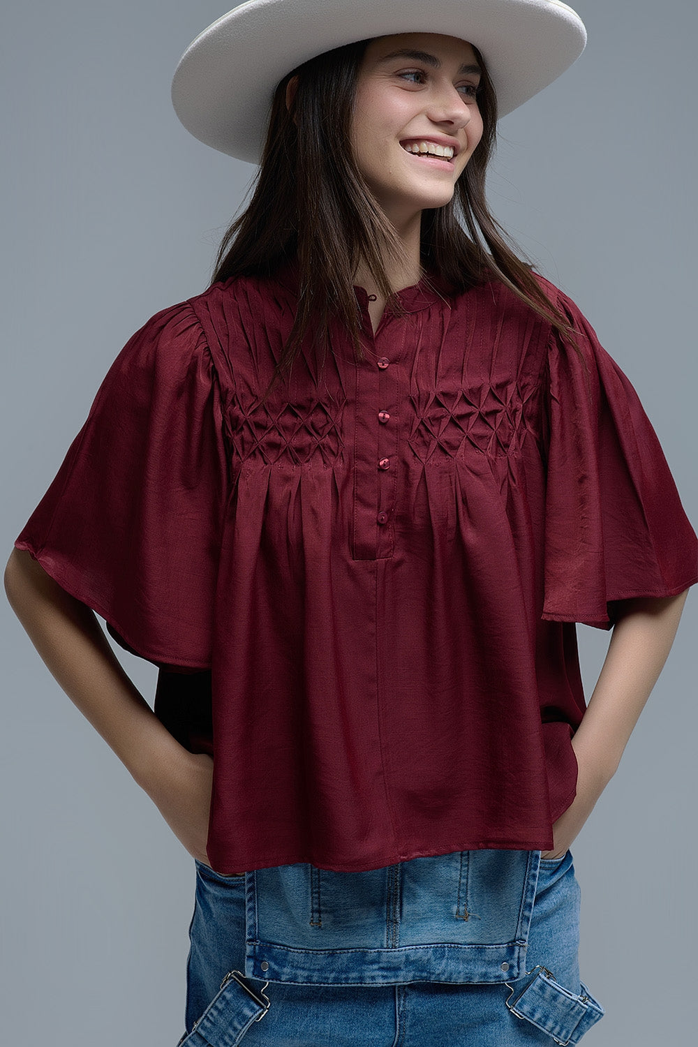 Q2 Blusa descontraída de estilo boémio cor de vinho com pormenores bordados
