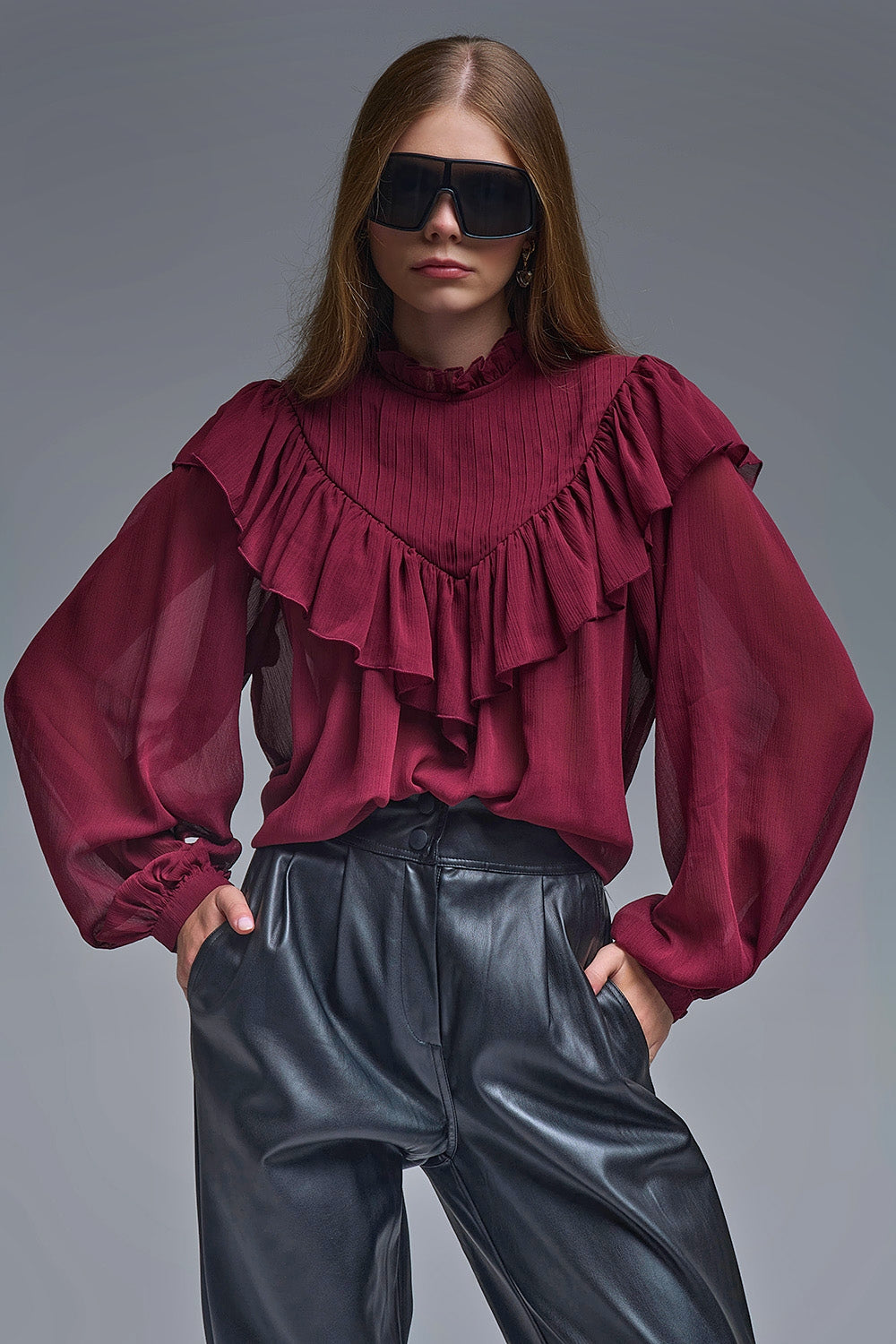 Q2 Blusa romântica de manga comprida com folhos cor de vinho