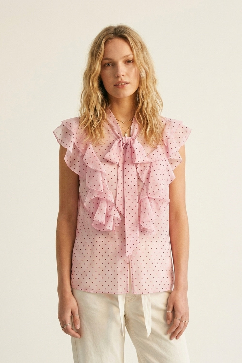 Q2 Blusa sem mangas com laço babados e estampa de bolinhas em chiffon rosa claro