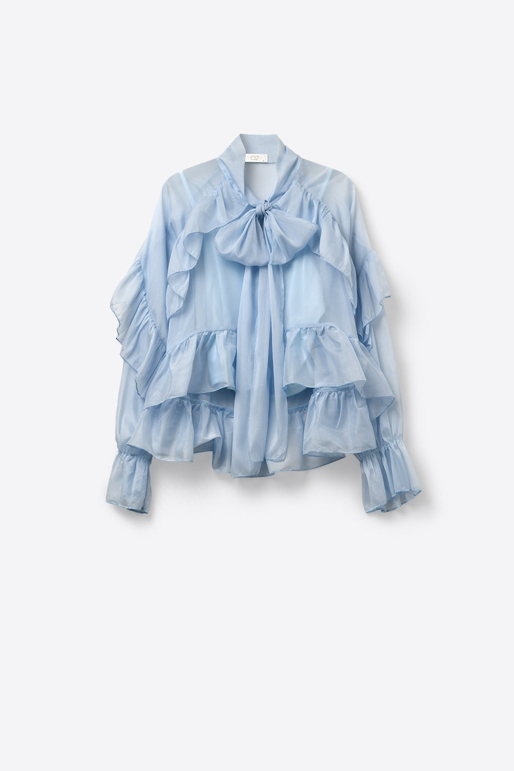 Blusa Transparente Azul Claro com Babados em Tecido de Chiffon