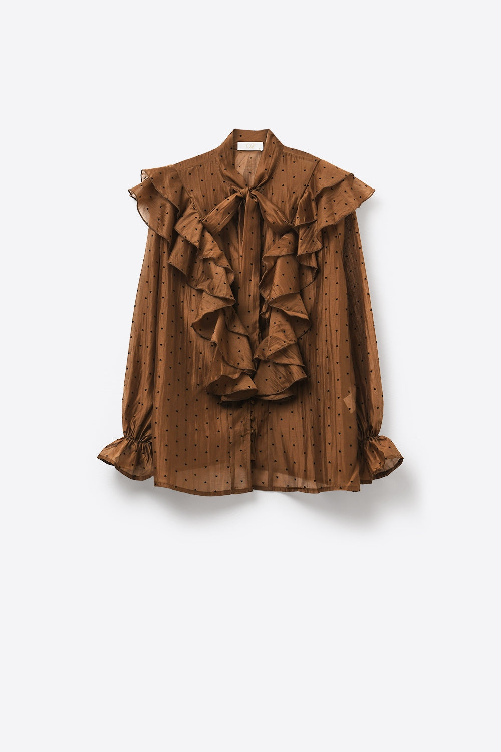 Blusa Transparente com Estampa de Bolinhas e Babados Marrom com Gola de Laço